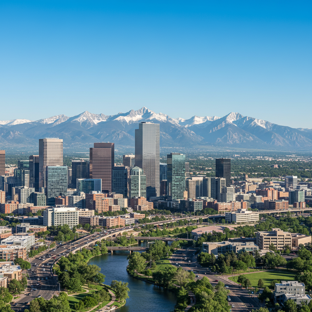 Denver, Colorado skyline with Rocky Mountains