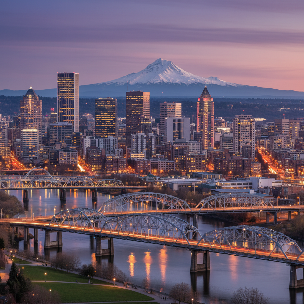 Portland, Oregon skyline with Mt. Hood
